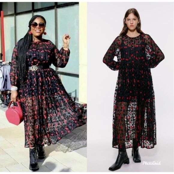 Zara Floral Embroidered Oversized sheer Dress size XS black and red - Picture 1 of 9